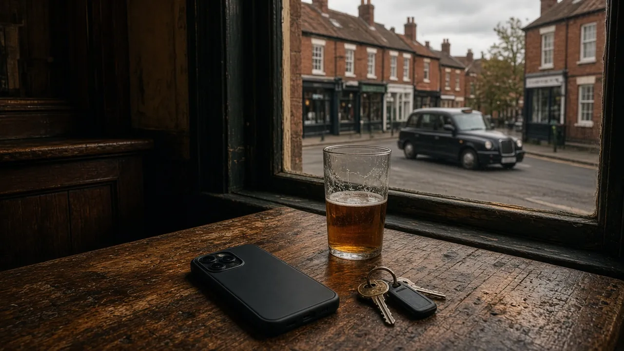 Phone face-down on a pub table beside a pint, British high street outside.