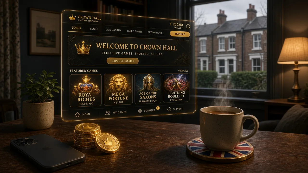 Online casino theme with golden spin tokens and a smartphone on a wooden side table