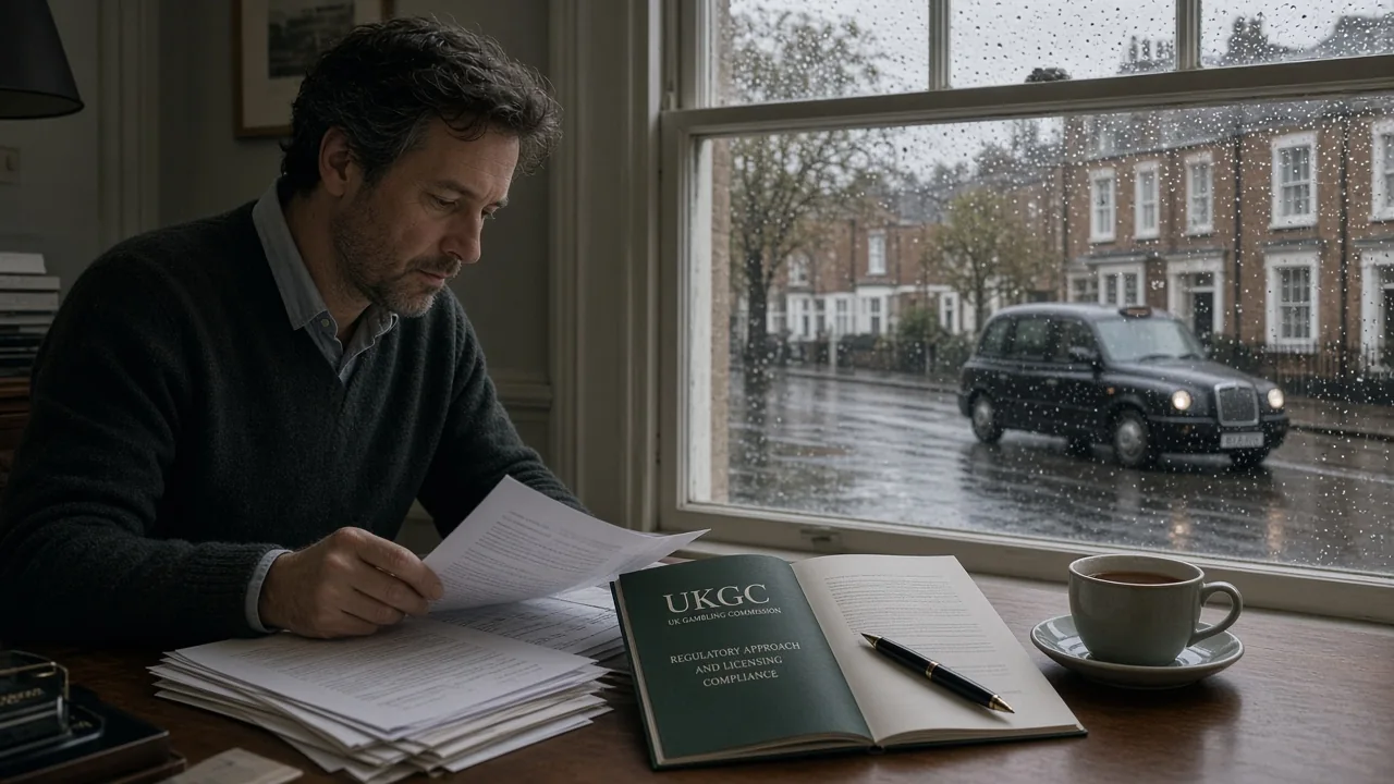 Editorial desk with review documents and a UKGC booklet in a London office
