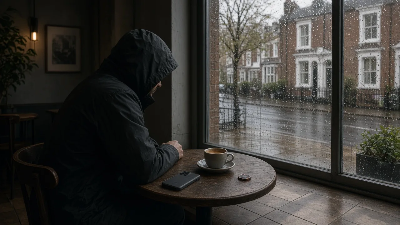 Hooded person at a London café with a face-down phone and a poker chip.