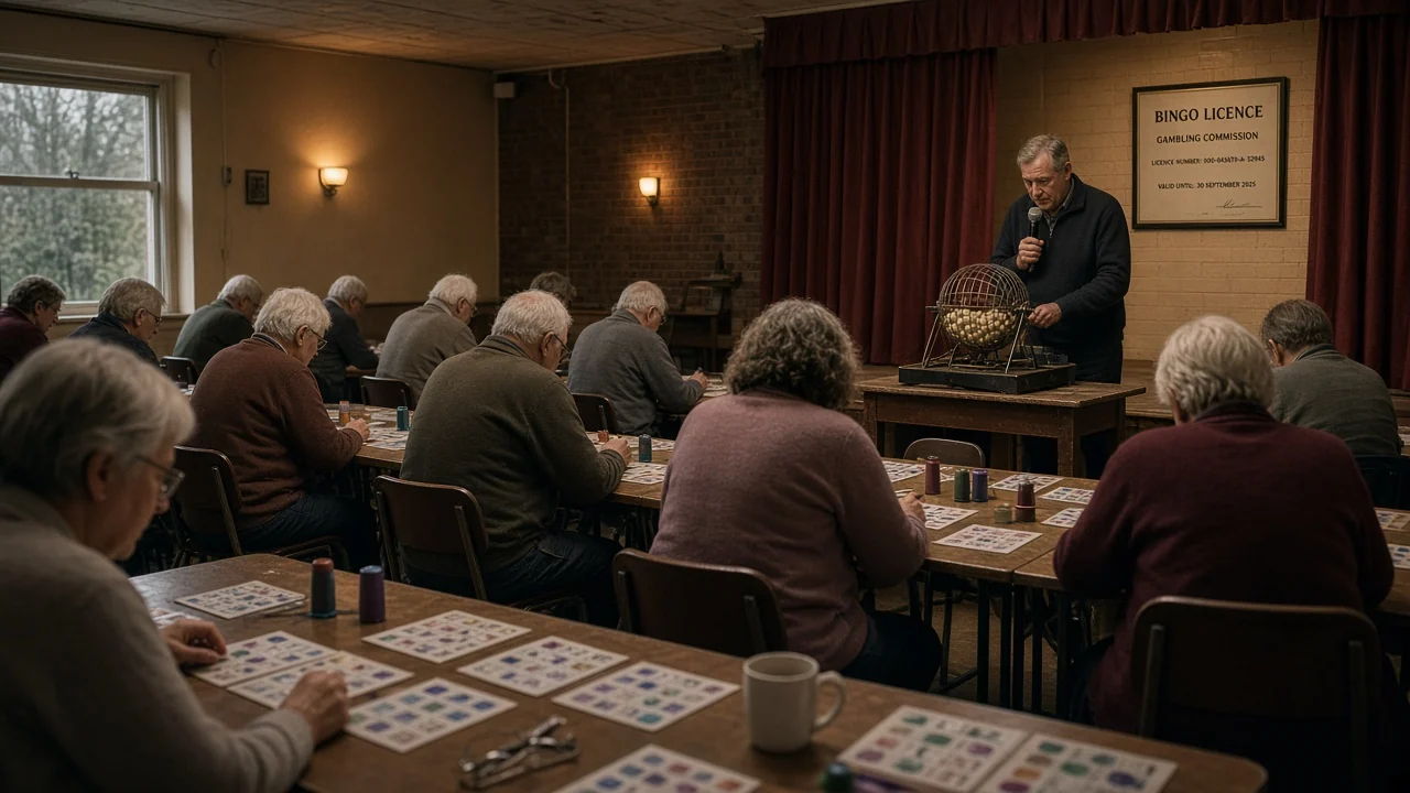 Interior of a UK bingo hall with a caller and seated players
