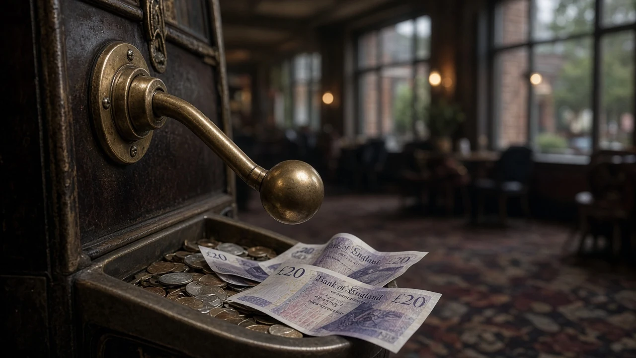 Pulled slot machine lever with coins and banknotes on a UK casino payout tray.