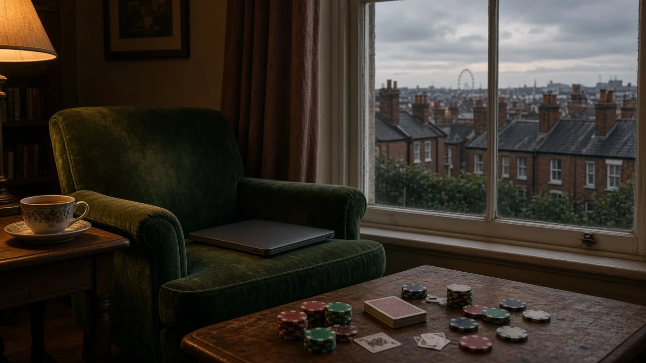 British living room scene with poker chips, playing cards, tea, and a closed laptop near a window overlooking London rooftops.