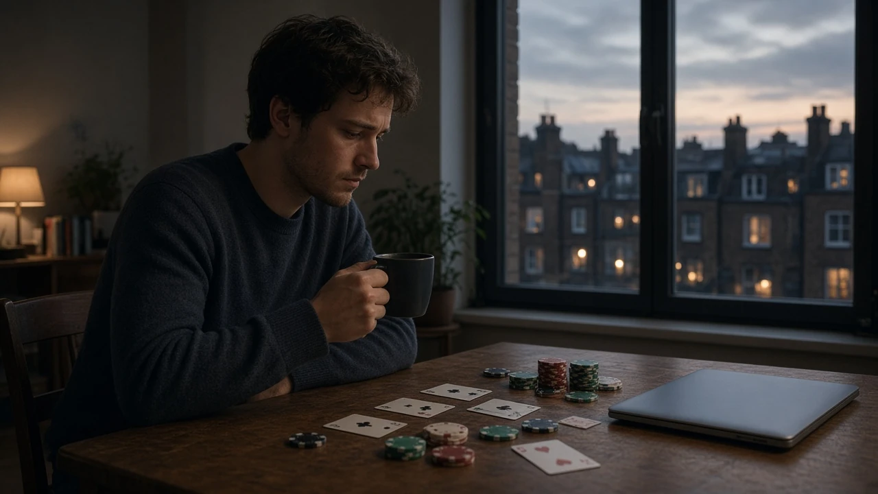 British man at desk in London apartment with coffee and playing cards