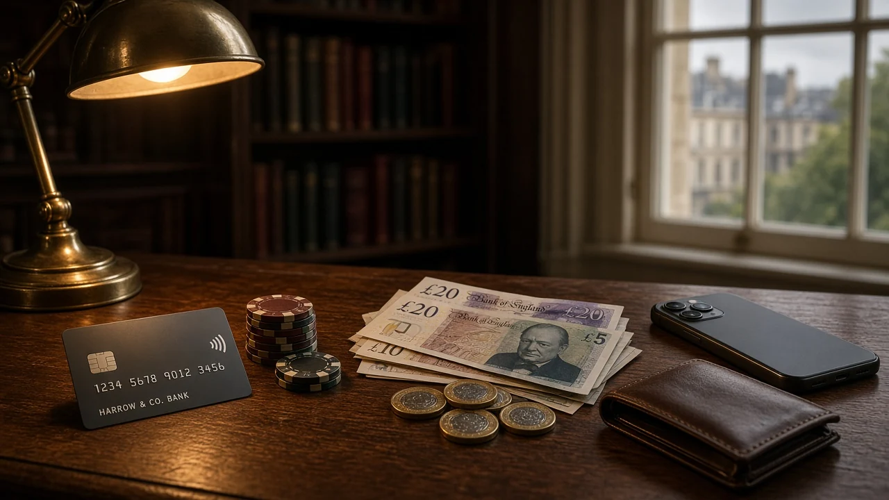Payment card, casino chips, British pounds, and a face-down smartphone arranged on a wooden desk in a UK interior.
