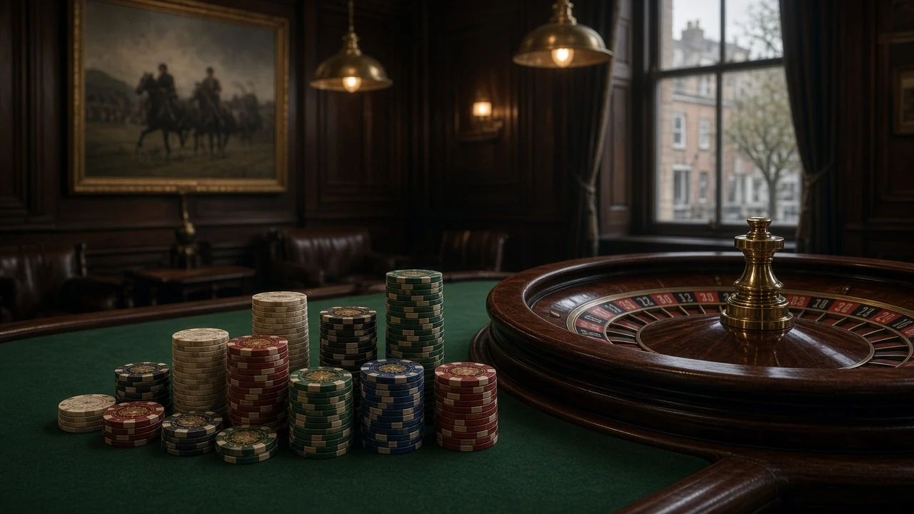 Casino chips of various denominations beside a roulette wheel on a green table in a London club.