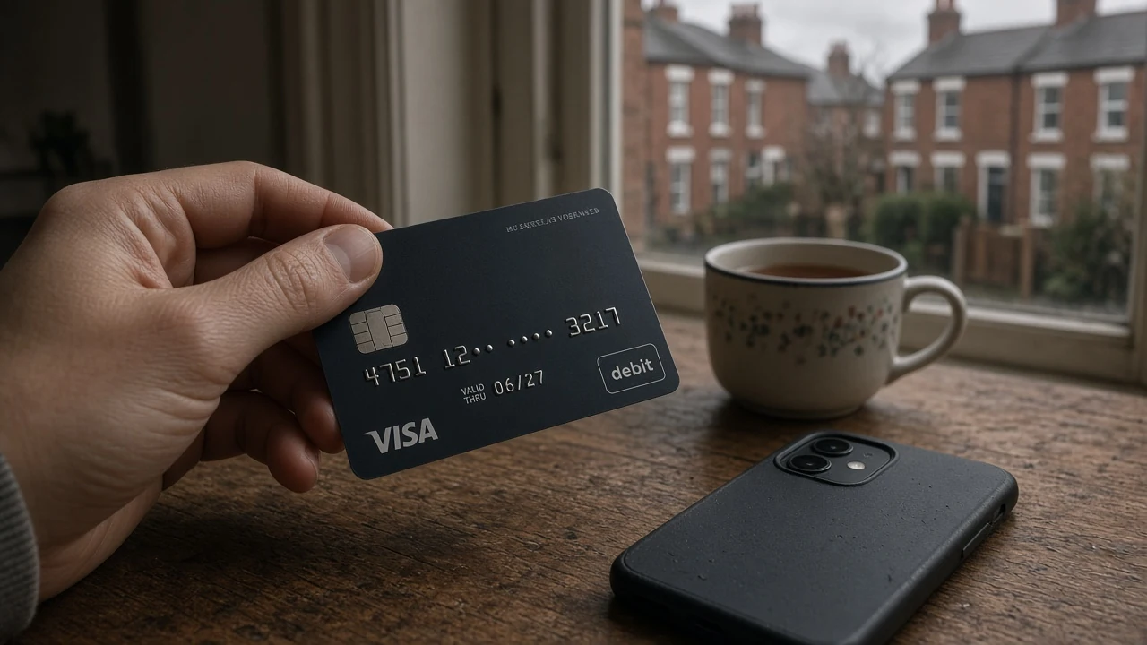 Hand holding a Visa debit card beside a smartphone on a British kitchen table.
