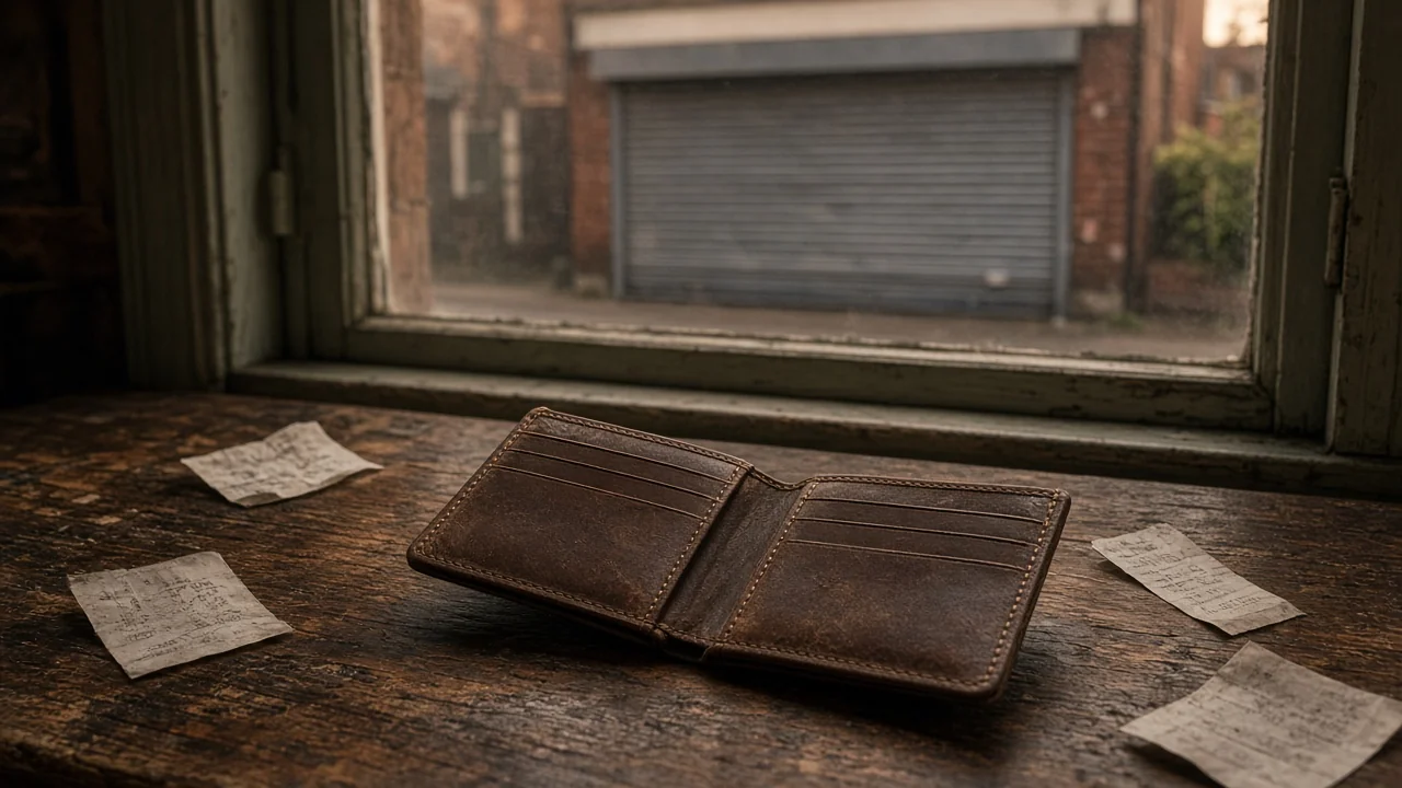 Empty open wallet on pub table with closed shop shutter through window
