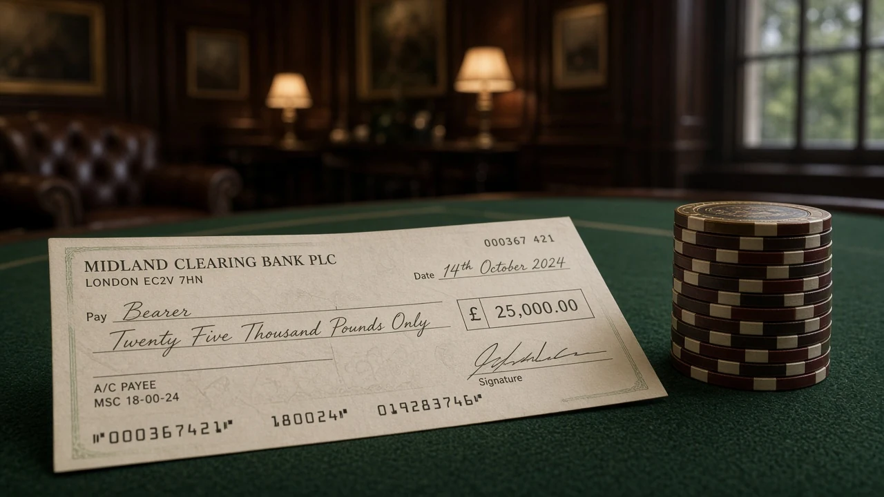 Paper cheque beside stacked casino chips on a green baize table in a British gaming room.