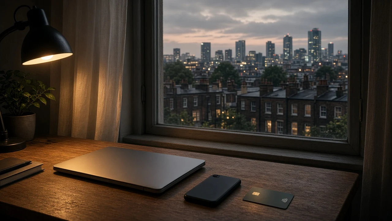 UK cityscape at dusk with laptop, phone and payment card on a desk.