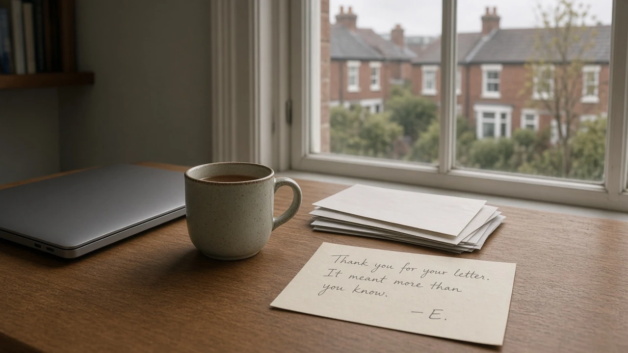 A tidy home office desk with a laptop, tea mug, and envelopes near a sunlit window.