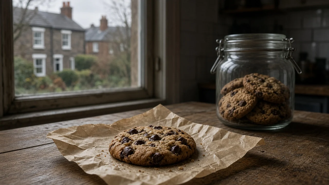 A chocolate chip cookie on parchment paper beside a glass jar on a wooden counter.