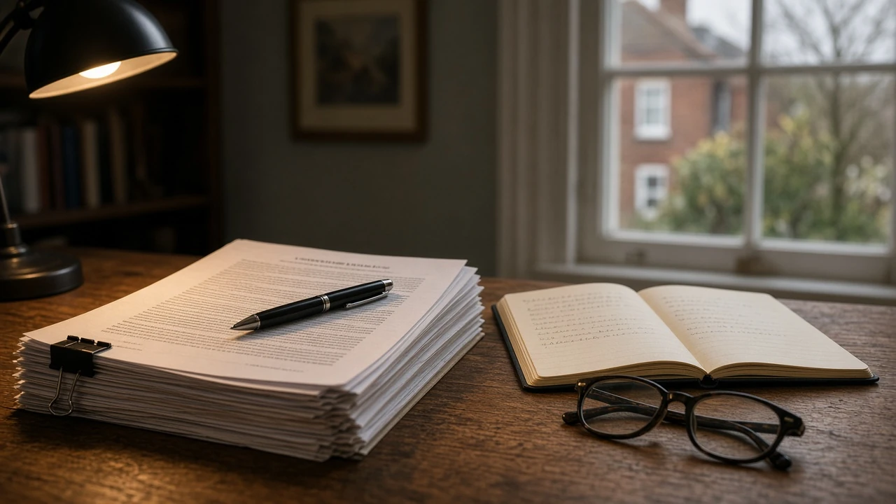 Legal documents and notebook on a wooden desk under a warm lamp.