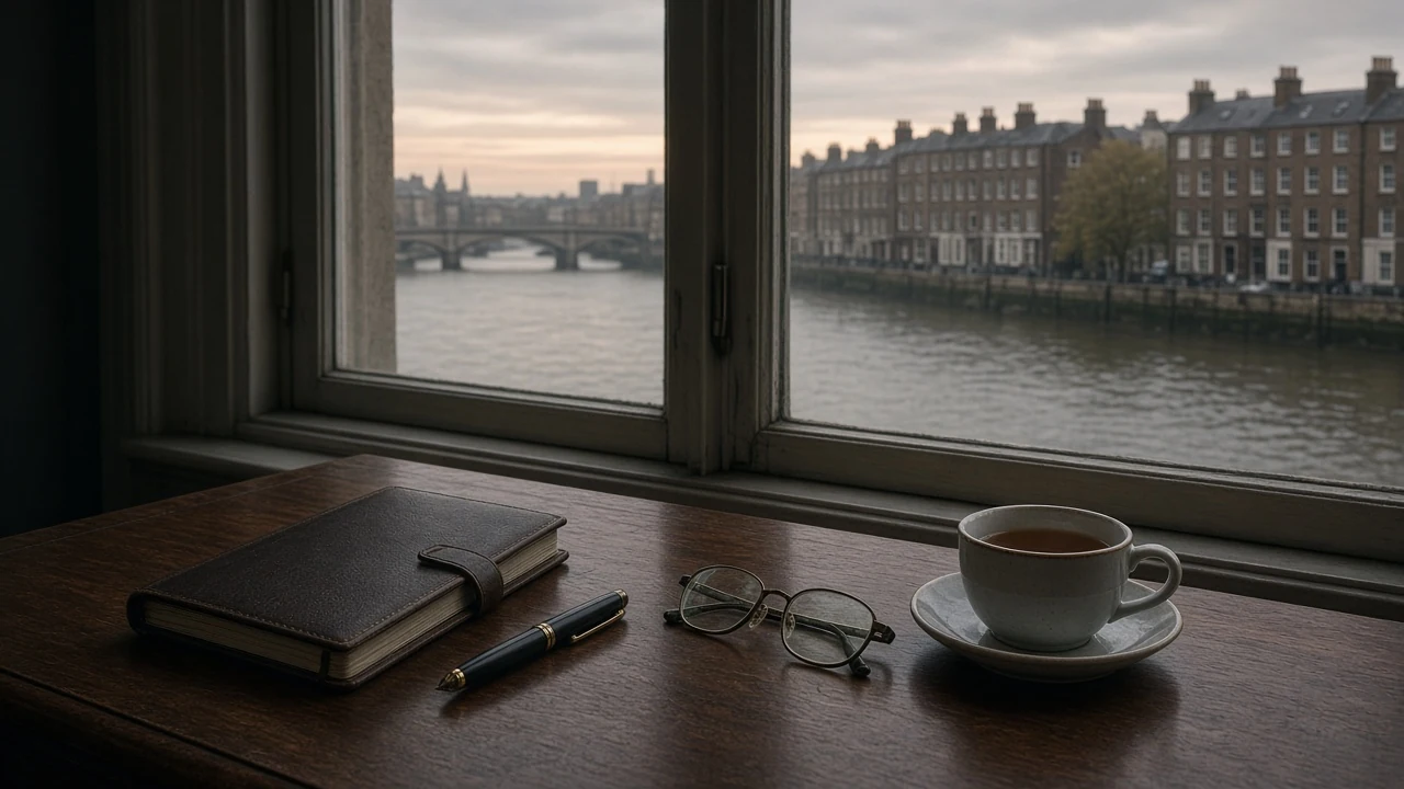 Quiet London desk at dusk with notebook, pen and tea.