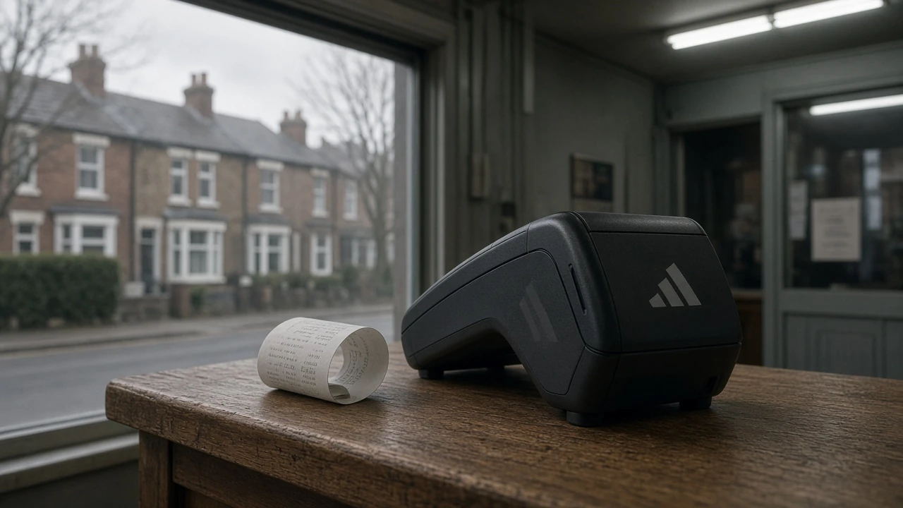 Card reader on a counter beside a printed receipt.