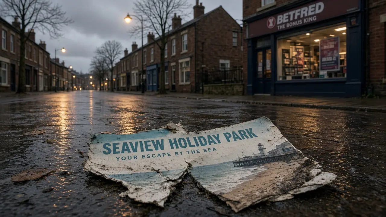 Torn promo leaflet on wet pavement outside a betting shop.