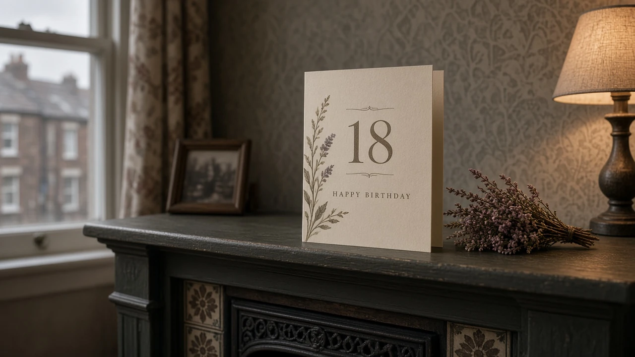 Eighteenth birthday card on a British living-room mantelpiece.