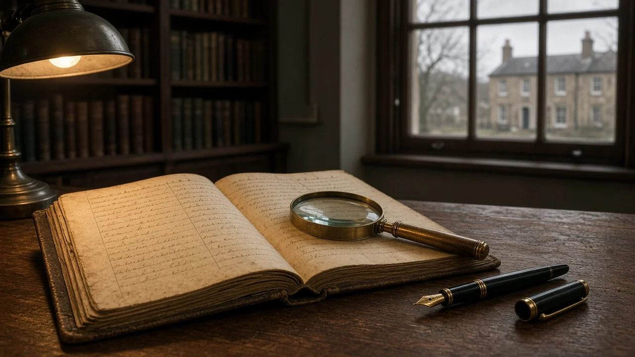 Open register on a desk with a brass magnifier and pen.