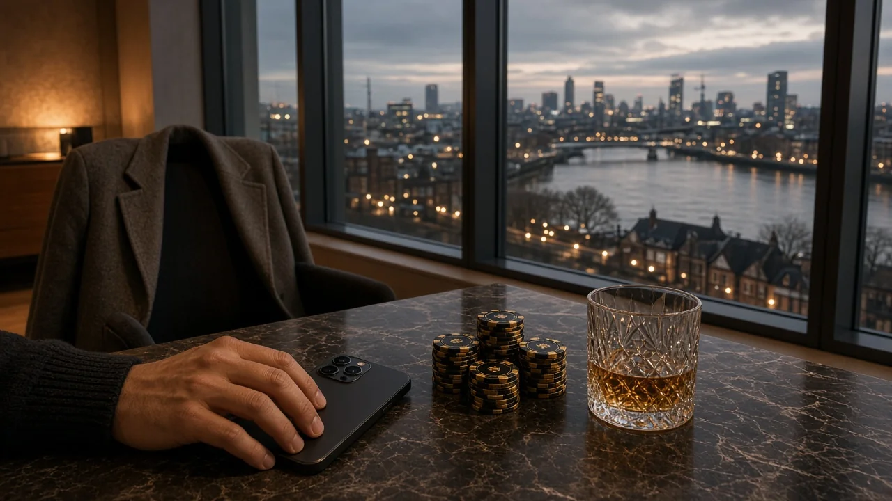London apartment at twilight with smartphone, casino chips, and whisky overlooking the Thames.