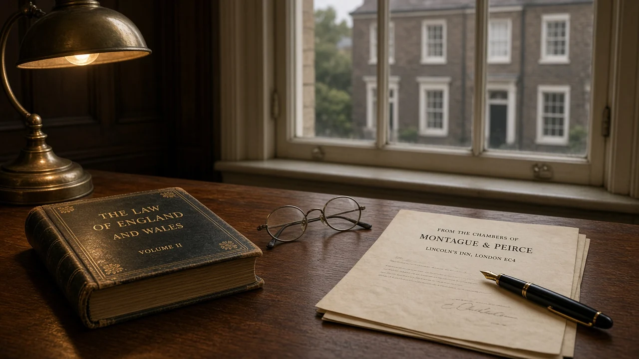 Legal reference materials on a traditional British office desk under a brass lamp.