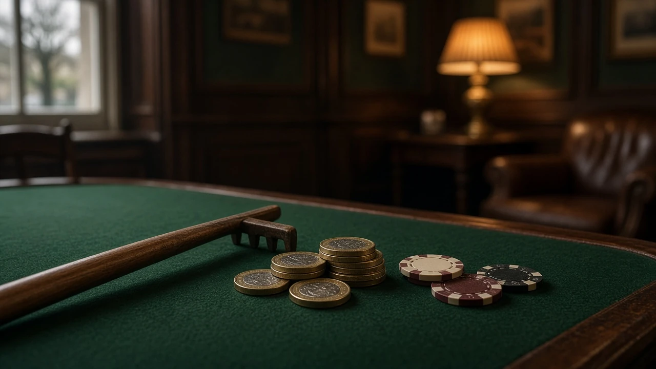 Pound coins and casino chips on a green felt table
