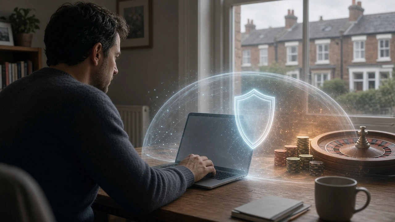 Person at a UK home desk with laptop emitting a blocking shield against nearby casino items.