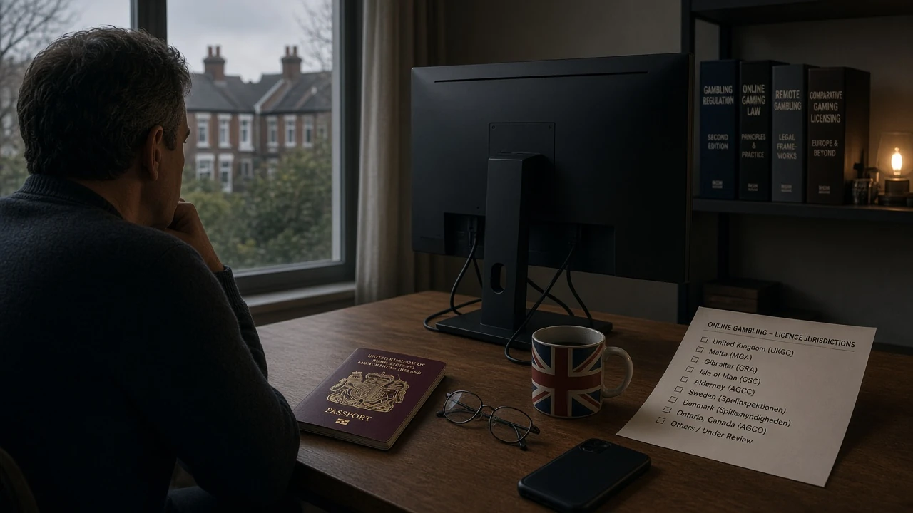 Home office with a monitor, passport, glasses and a UK mug on a desk, suggesting research into online casino licences.