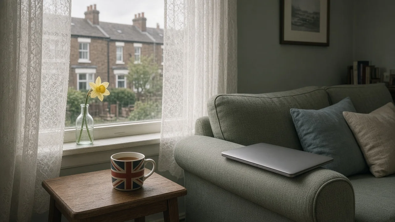British living room scene with tea, daffodil, and a closed laptop on a sofa.