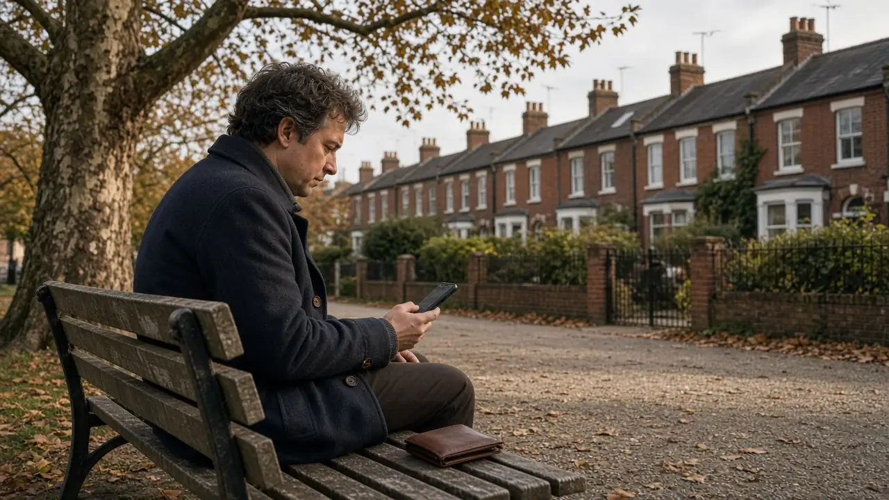 Person sitting on a park bench holding a closed smartphone, reflecting in a British town park.