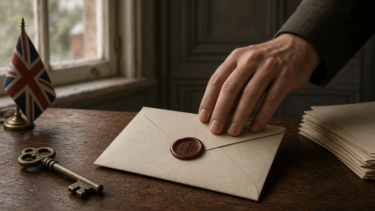 Hand placing a wax-sealed envelope on a wooden desk with a brass key and Union Jack flag.