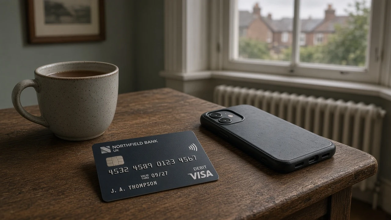 UK bank card, smartphone face-down and tea mug on a wooden table by a window