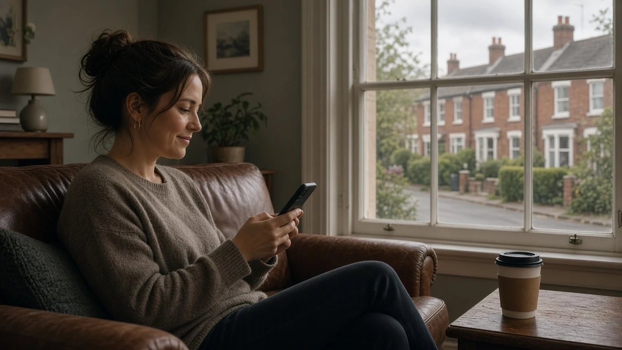 Person relaxing on sofa in British living room checking smartphone with daylight through window