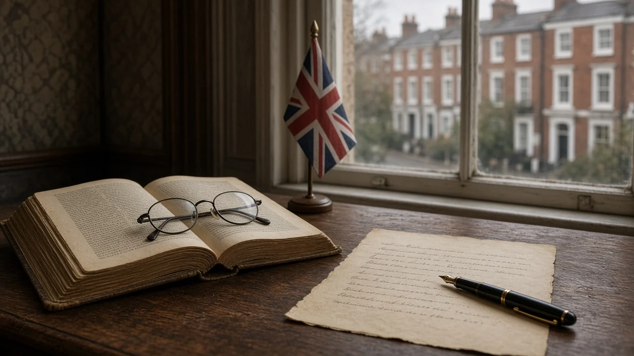 Open legal book with reading glasses on a wooden desk in a London study